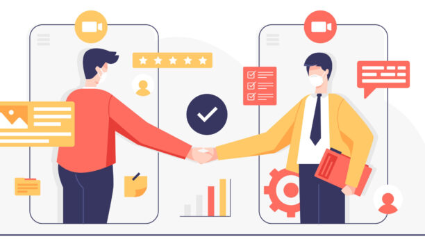 Businessmen shaking hands through display of video call on smart phone. Internet Business concept, cartoon character, vector illustration